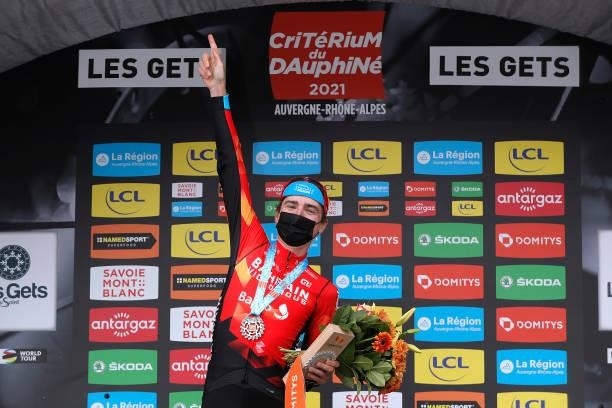 Mark Padun of Ukraine and Team Bahrain Victorious celebrates at podium during the 73rd Critérium du Dauphiné 2021, Stage 8 a 147km stage from La...