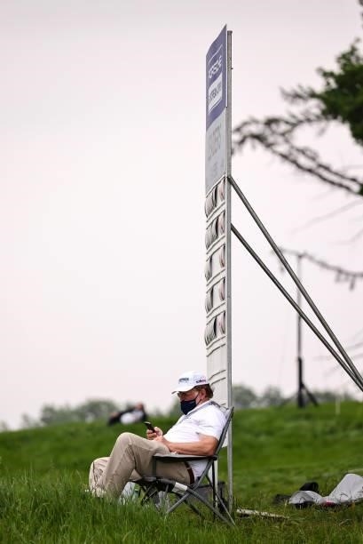Scorer in front of a on course scoreboard during the second round of The Porsche European Open at Green Eagle Golf Course on June 06, 2021 in...