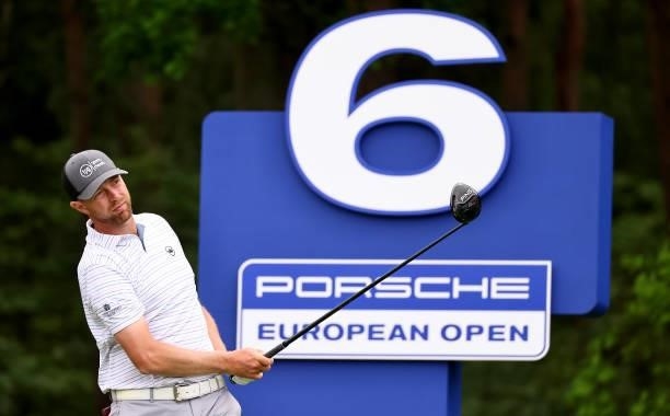 Ben Evans of England on the 6th tee during the second round of The Porsche European Open at Green Eagle Golf Course on June 06, 2021 in Hamburg,...