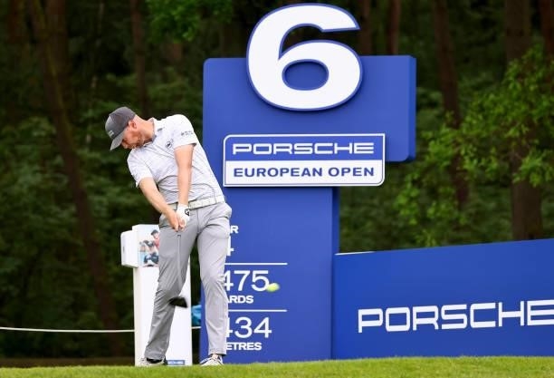 Ben Evans of England on the 6th tee during the second round of The Porsche European Open at Green Eagle Golf Course on June 06, 2021 in Hamburg,...