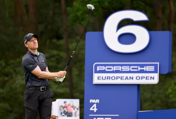 David Horsey of England on the 6th tee during the second round of The Porsche European Open at Green Eagle Golf Course on June 06, 2021 in Hamburg,...