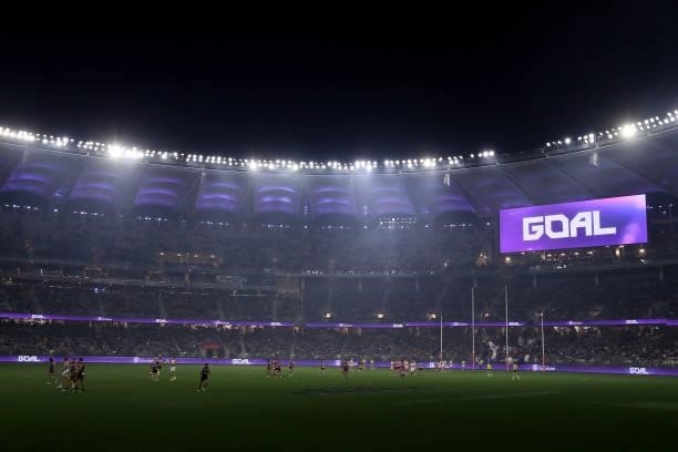Smoke from fireworks drifts across the stadium in the third quarter during the round 12 AFL match between the Fremantle Dockers and the Western...