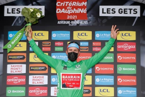 Sonny Colbrelli of Italy and Team Bahrain Victorious Green Points Jersey celebrates at podium during the 73rd Critérium du Dauphiné 2021, Stage 8 a...