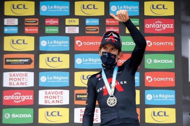 Geraint Thomas of The United Kingdom and Team INEOS Grenadiers celebrates at podium 3rd classification during the 73rd Critérium du Dauphiné 2021,...