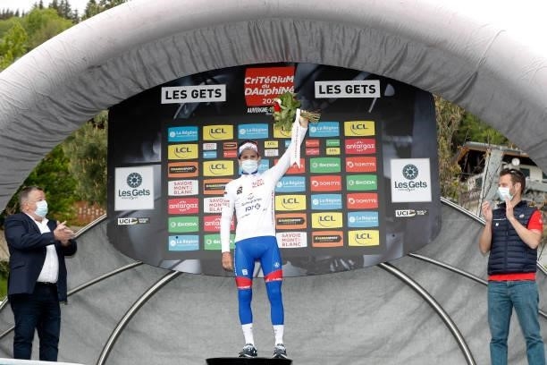 David Gaudu of France and Team Groupama - FDJ White Best Young Jersey celebrates at podium during the 73rd Critérium du Dauphiné 2021, Stage 8 a...