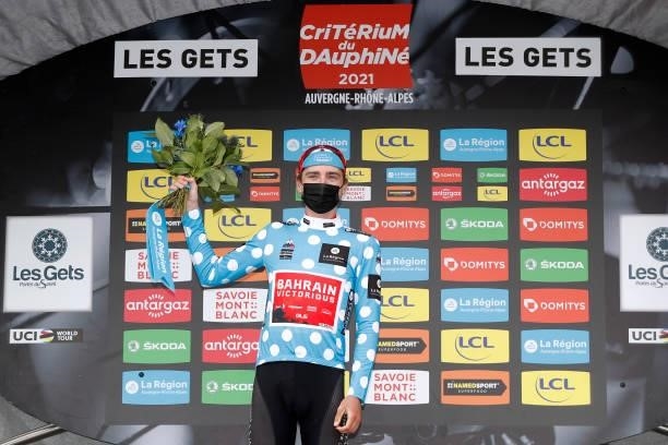 Mark Padun of Ukraine and Team Bahrain Victorious Polka Dot Mountain Jersey celebrates at podium during the 73rd Critérium du Dauphiné 2021, Stage 8...