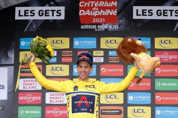 Richie Porte of Australia and Team INEOS Grenadiers Yellow Leader Jersey celebrates at podium during the 73rd Critérium du Dauphiné 2021, Stage 8 a...