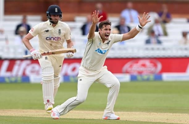 Tim Southee of New Zealand appeals unsuccessfully for the wicket of Dom Sibley of England during Day 5 of the First LV= Insurance Test Match between...