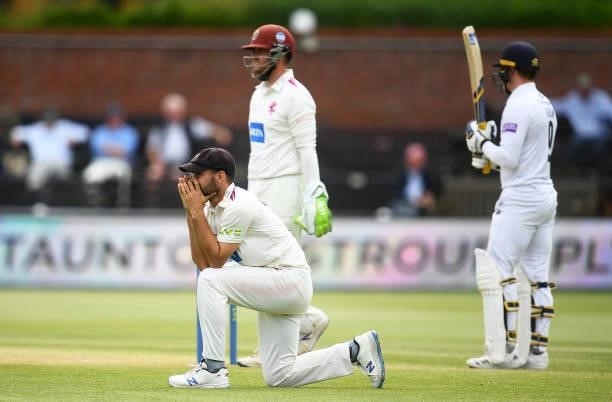 Lewis Gregory of Somerset reacts during Day Four of the LV= Insurance County Championship match between Somerset and Hampshire at The Cooper...