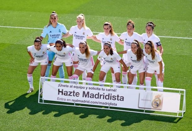 Players of Real Madrid pose prior to the Primera Iberdrola match between Real Madrid and Real Sociedad at Ciudad Real Madrid on June 06, 2021 in...