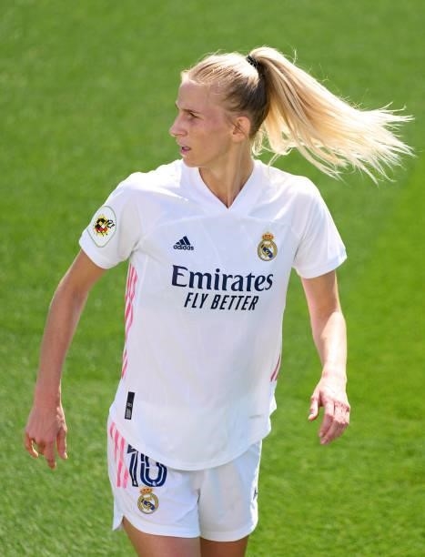 Sofia Jakobsson of Real Madrid looks on during the Primera Iberdrola match between Real Madrid and Real Sociedad at Ciudad Real Madrid on June 06,...