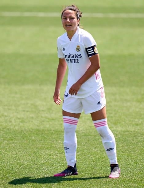 Ivana Andres of Real Madrid looks on during the Primera Iberdrola match between Real Madrid and Real Sociedad at Ciudad Real Madrid on June 06, 2021...