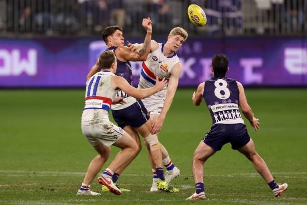 Rory Lobb of the Dockers and Tim English of the Bulldogs contest the ruck during the round 12 AFL match between the Fremantle Dockers and the Western...