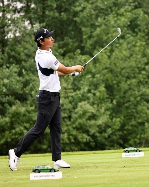 Min Woo Lee of Australia on the 7th tee during the second round of The Porsche European Open at Green Eagle Golf Course on June 06, 2021 in Hamburg,...