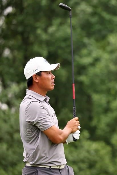 Ashun Wu of China on the 7th tee during the second round of The Porsche European Open at Green Eagle Golf Course on June 06, 2021 in Hamburg, Germany.