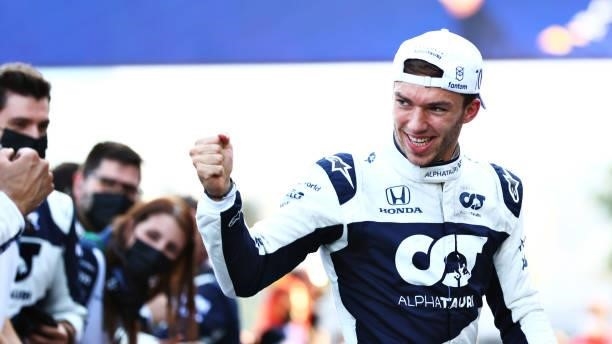 Third placed Pierre Gasly of France and Scuderia AlphaTauri celebrates in parc ferme during the F1 Grand Prix of Azerbaijan at Baku City Circuit on...