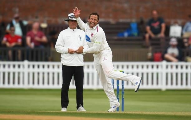 Roelof Van Der Merwe of Somerset in bowling action during Day Four of the LV= Insurance County Championship match between Somerset and Hampshire at...