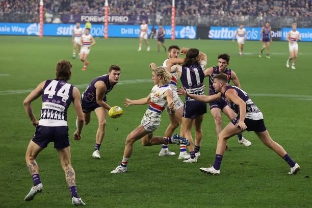 Cody Weightman of the Bulldogs in action during the round 12 AFL match between the Fremantle Dockers and the Western Bulldogs at Optus Stadium on...