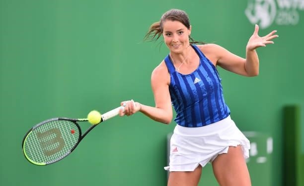 Jodie Burrage of Great Britain plays a forehand shot against Kristie Ahn of United States during day 2 of the Viking Open at Nottingham Tennis Centre...