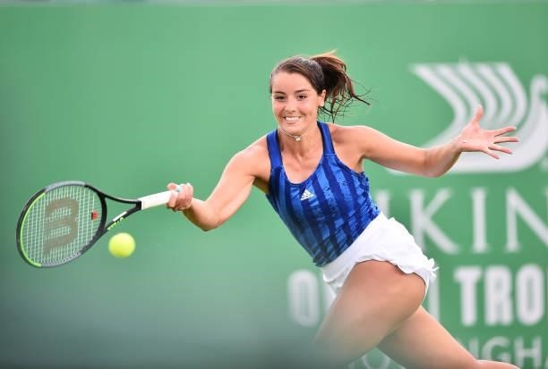 Jodie Burrage of Great Britain plays a forehand shot against Kristie Ahn of United States during day 2 of the Viking Open at Nottingham Tennis Centre...