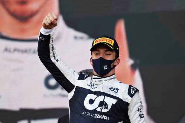 Third placed Pierre Gasly of France and Scuderia AlphaTauri celebrates on the podium during the F1 Grand Prix of Azerbaijan at Baku City Circuit on...