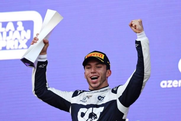 Third placed Pierre Gasly of France and Scuderia AlphaTauri celebrates on the podium during the F1 Grand Prix of Azerbaijan at Baku City Circuit on...