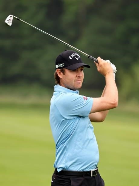 Steven Brown of England plays his second shot on the 6th hole during the second round of The Porsche European Open at Green Eagle Golf Course on June...