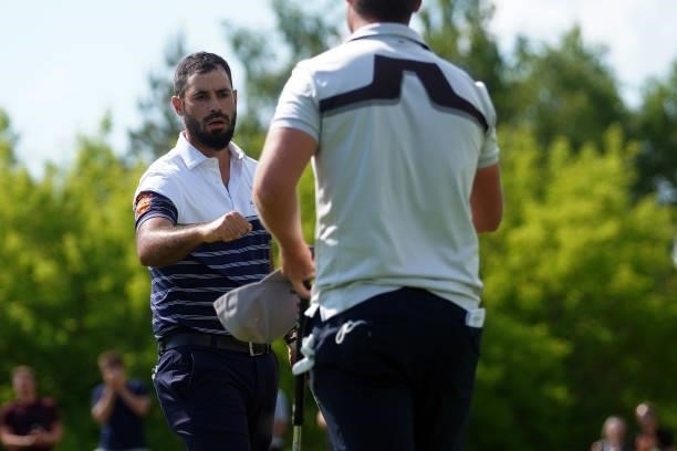 Santiago Tarrio of Spain reacts after winning the D+D REAL Czech Challenge during Day Four of the D+D REAL Czech Challenge at Golf & Spa Kuneticka...