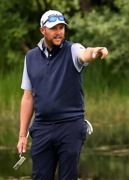 Matthew Southgate of England on the 6th green during the second round of The Porsche European Open at Green Eagle Golf Course on June 06, 2021 in...
