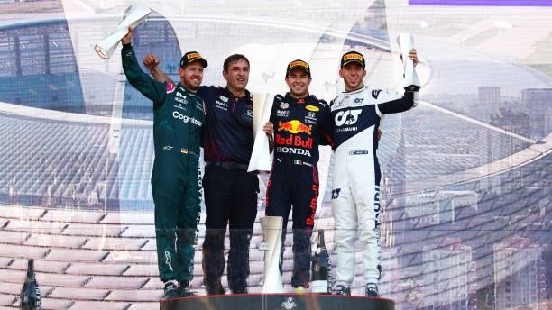 Second placed Sebastian Vettel of Germany and Aston Martin F1 Team, Pierre Wache, Chief Engineer of Performance Engineering at Red Bull Racing, race...