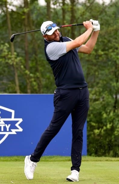 Matthew Southgate of England on the 7th tee during the second round of The Porsche European Open at Green Eagle Golf Course on June 06, 2021 in...