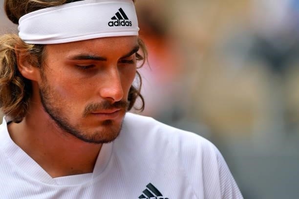 Stefanos Tsitsipas of Greece looks on during his Men's Singles fourth round match against Pablo Carreno Busta of Spain on day eight of the 2021...