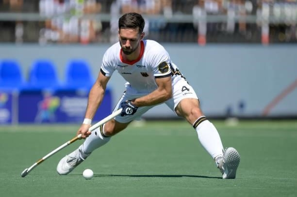 Lukas Windfeder of Germany during the Euro Hockey Championships match between Germany and Netherlands at Wagener Stadion on June 6, 2021 in...