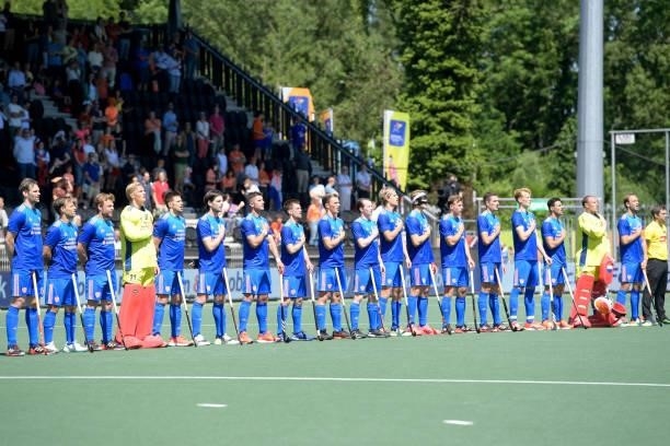 Players of the Netherlands line up for the National Anthem during the Euro Hockey Championships match between Germany and Netherlands at Wagener...