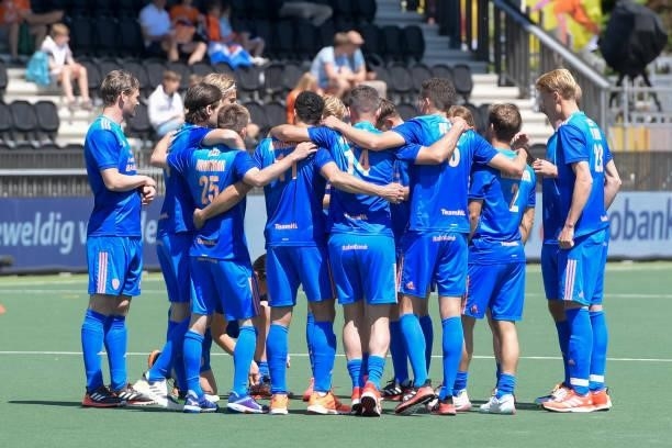 Players of the Netherlands form a huddle during the Euro Hockey Championships match between Germany and Netherlands at Wagener Stadion on June 6,...