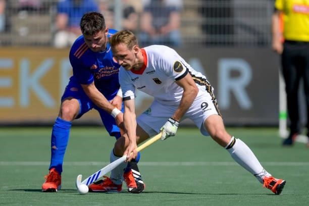 Robbert Kemperman of the Netherlands and Niklas Wellen of Germany during the Euro Hockey Championships match between Germany and Netherlands at...
