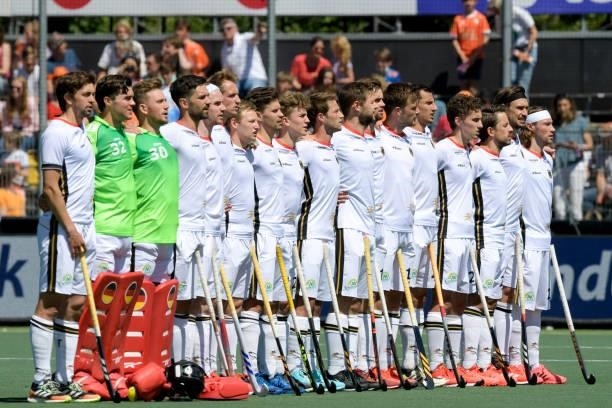 Players of Germany line up for the National Anthem during the Euro Hockey Championships match between Germany and Netherlands at Wagener Stadion on...