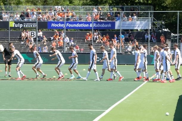 Players of Germany warm up during the Euro Hockey Championships match between Germany and Netherlands at Wagener Stadion on June 6, 2021 in...