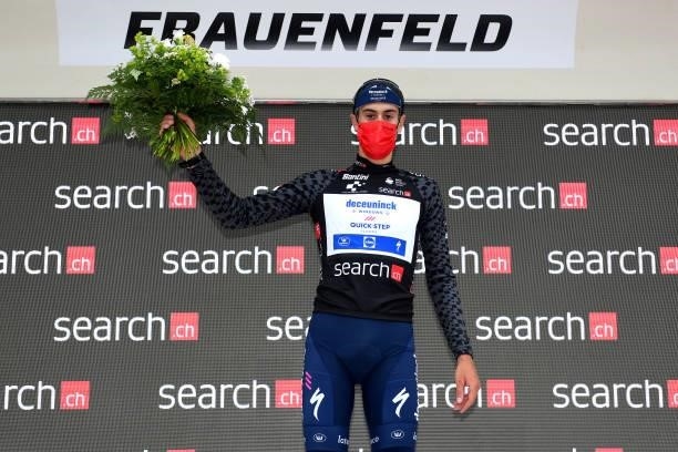 Mattia Cattaneo of Italy and Team Deceuninck - Quick-Step Black Points Jersey celebrates at podium during the 84th Tour de Suisse 2021, Stage 1 a...