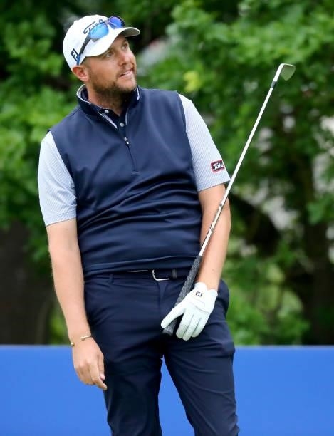 Matthew Southgate of England reacts after his shot on the 8th hole during the second round of The Porsche European Open at Green Eagle Golf Course on...