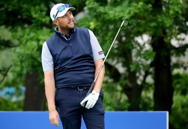 Matthew Southgate of England reacts after his shot on the 8th hole during the second round of The Porsche European Open at Green Eagle Golf Course on...