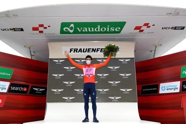 Thomas Scully of New Zealand and Team EF Education - Nippo Orange Mountain Jersey celebrates at podium during the 84th Tour de Suisse 2021, Stage 1 a...