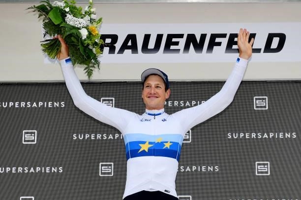 Stefan Küng of Switzerland and Team Groupama - FDJ European Champion Jersey celebrates at podium during the 84th Tour de Suisse 2021, Stage 1 a...
