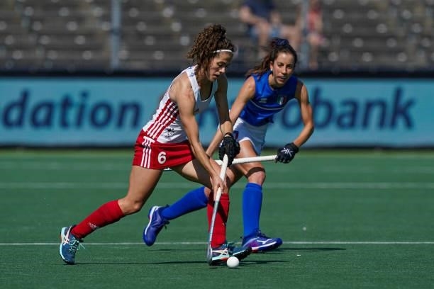 Anna Toman of England, Lara Oviedo of Italy during the Euro Hockey Championships match between England and Italy at Wagener Stadion on June 6, 2021...