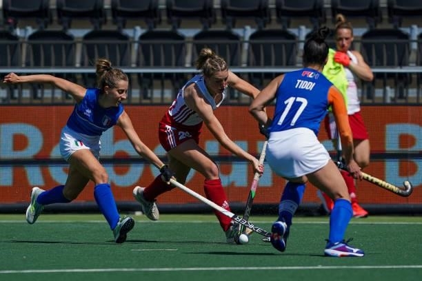 Lily Owsley of England, Chiara Tiddi of Italy during the Euro Hockey Championships match between England and Italy at Wagener Stadion on June 6, 2021...