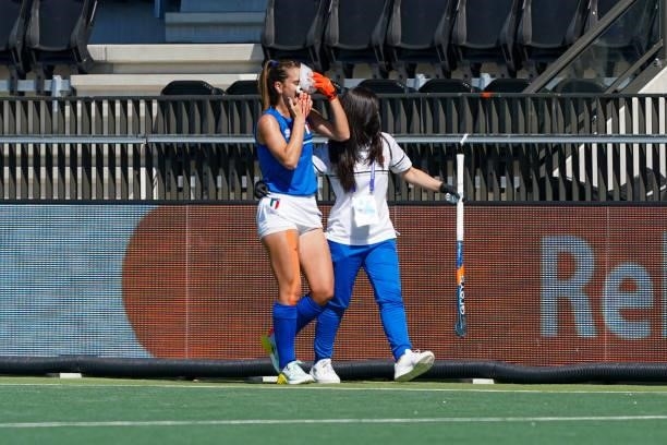 Sofia Laurito of Italy suffers a nose bleed and receives medical treatment during the Euro Hockey Championships match between England and Italy at...