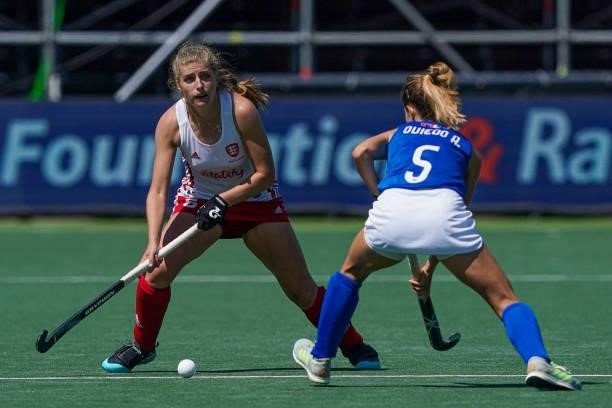 Sarah Evans of England, Ailin Oviedo of Italy during the Euro Hockey Championships match between England and Italy at Wagener Stadion on June 6, 2021...