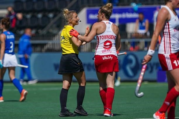 Umpire Celine Martin-Schmets, Susannah Townsend of England during the Euro Hockey Championships match between England and Italy at Wagener Stadion on...