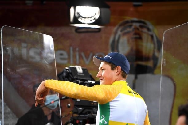 Stefan Küng of Switzerland yellow leader jersey and Team Groupama - FDJ celebrates at podium during the 84th Tour de Suisse 2021, Stage 1 a 10,9km...