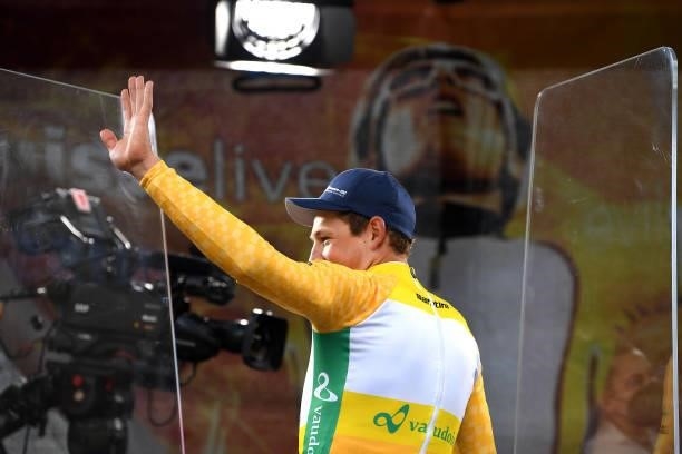 Stefan Küng of Switzerland yellow leader jersey and Team Groupama - FDJ celebrates at podium during the 84th Tour de Suisse 2021, Stage 1 a 10,9km...